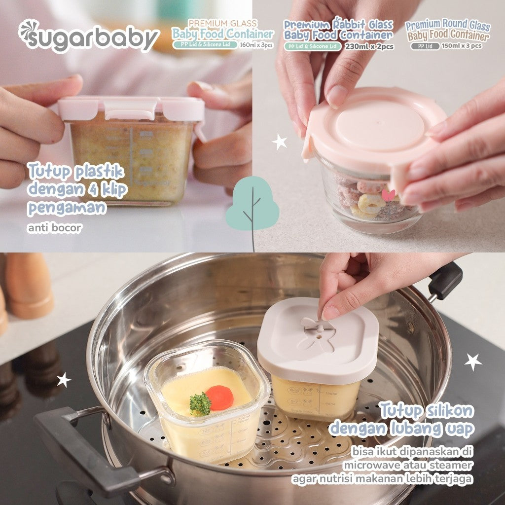 SugarBaby Premium Glass Jar Baby Food Container 3 pcs BPA FREE / Peralatan Makan Bayi MPASI / Wadah Mangkok Bayi Silicone Lid & Plastic Lid