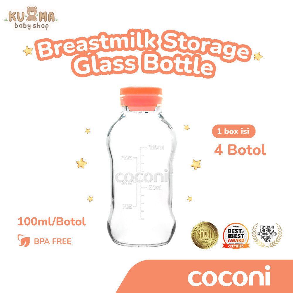 COCONI Breastmilk Storage Glass Bottle 4 Pcs | Botol Kaca ASI 100ml 4 Pcs - Botol Tempat ASIP | Botol Penyimpanan ASI Kaca