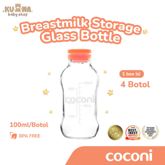 COCONI Breastmilk Storage Glass Bottle 4 Pcs | Botol Kaca ASI 100ml 4 Pcs - Botol Tempat ASIP | Botol Penyimpanan ASI Kaca