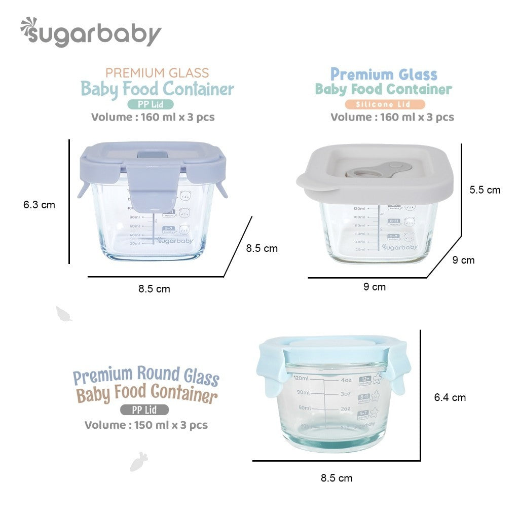 SugarBaby Premium Glass Jar Baby Food Container 3 pcs BPA FREE / Peralatan Makan Bayi MPASI / Wadah Mangkok Bayi Silicone Lid & Plastic Lid