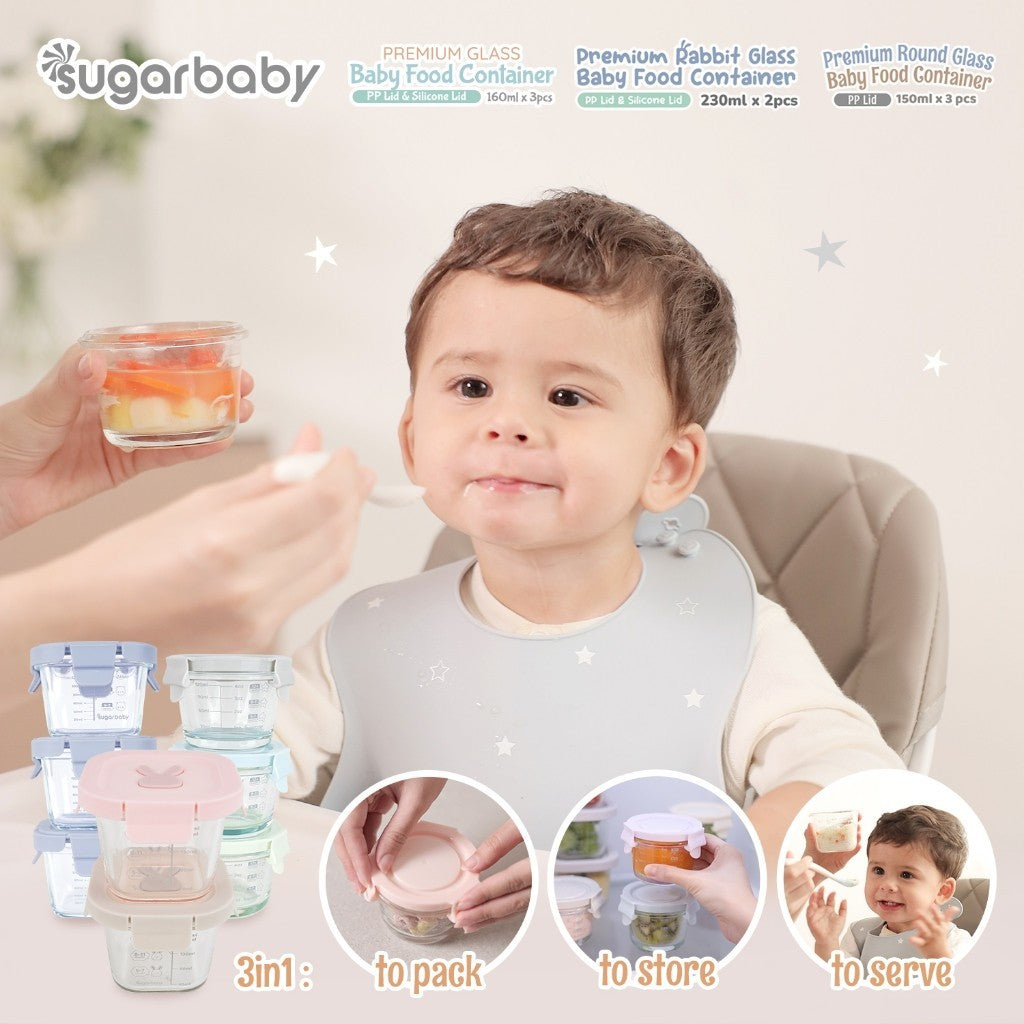 SugarBaby Premium Glass Jar Baby Food Container 3 pcs BPA FREE / Peralatan Makan Bayi MPASI / Wadah Mangkok Bayi Silicone Lid & Plastic Lid