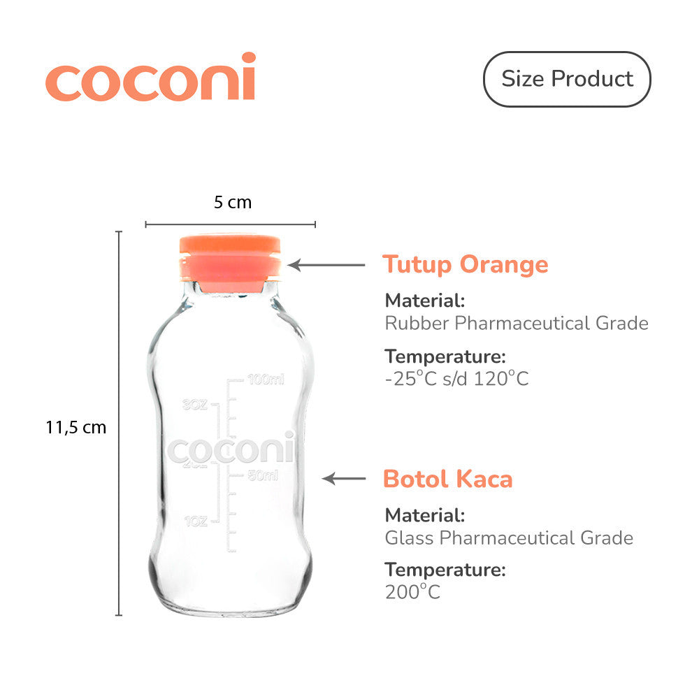 COCONI Breastmilk Storage Glass Bottle 4 Pcs | Botol Kaca ASI 100ml 4 Pcs - Botol Tempat ASIP | Botol Penyimpanan ASI Kaca