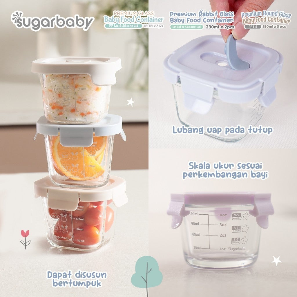 SugarBaby Premium Glass Jar Baby Food Container 3 pcs BPA FREE / Peralatan Makan Bayi MPASI / Wadah Mangkok Bayi Silicone Lid & Plastic Lid