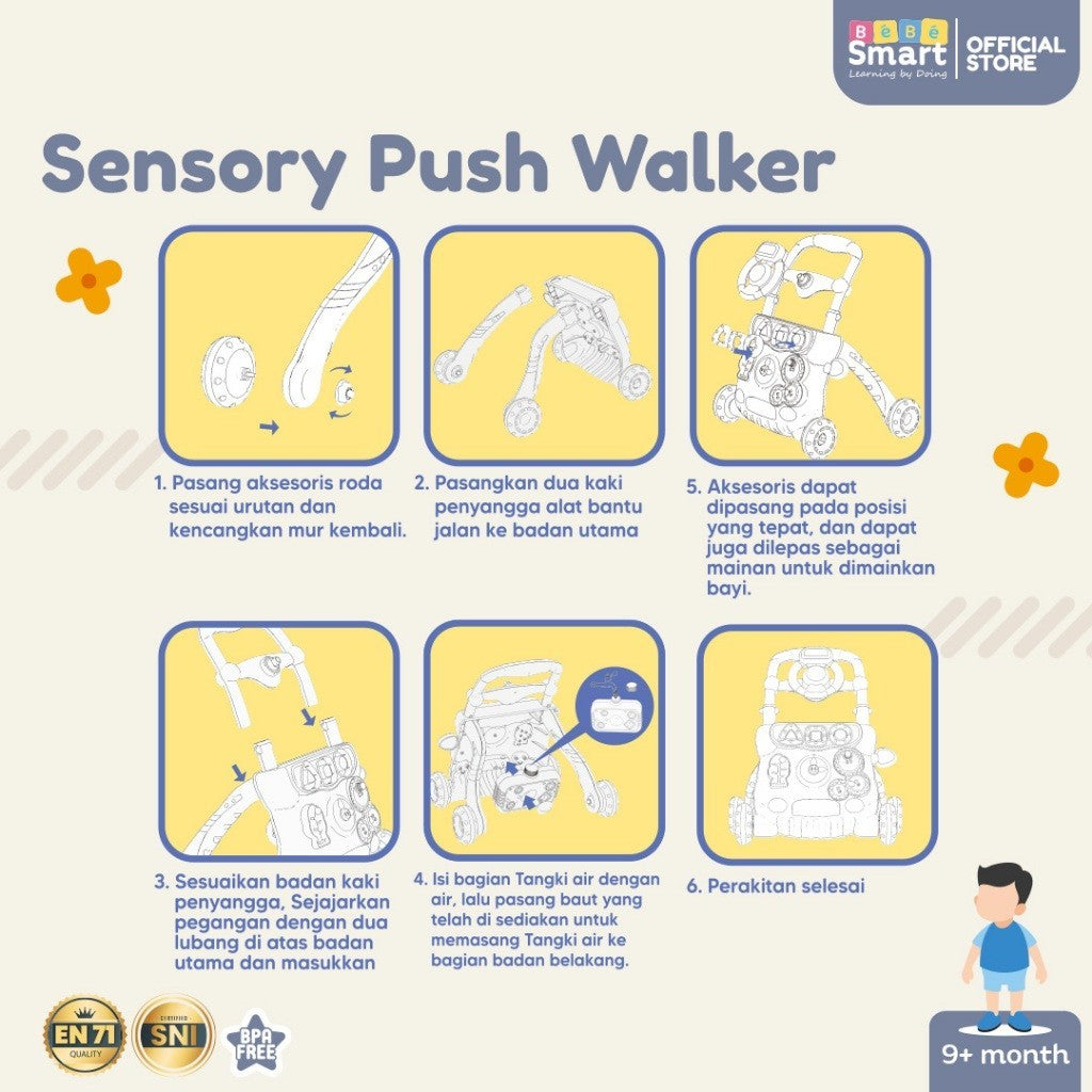 Mainan Dorongan Bayi Belajar Jalan | BEBE SMART Sensory Push Walker | Smart Baby Walker Push Walker