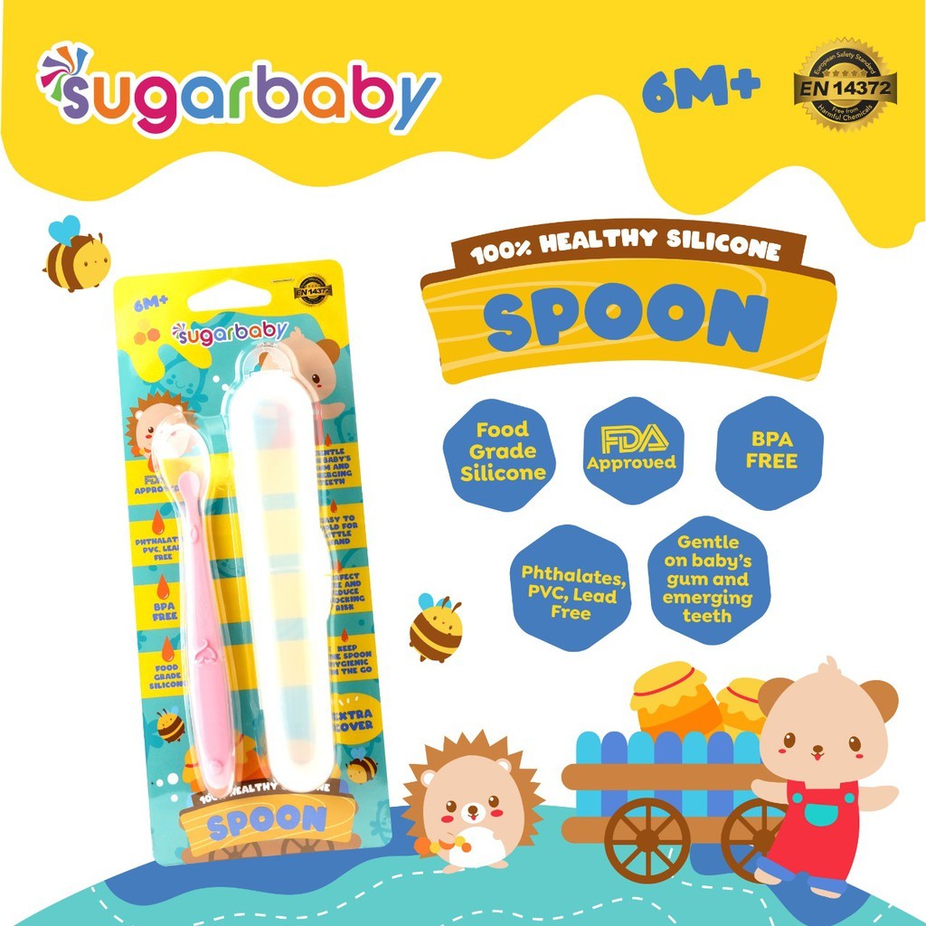 Sugar Baby Healthy Silicone Spoon With Cover - Pink/Sendok Makan Bayi/Peralatan Makan Bayi