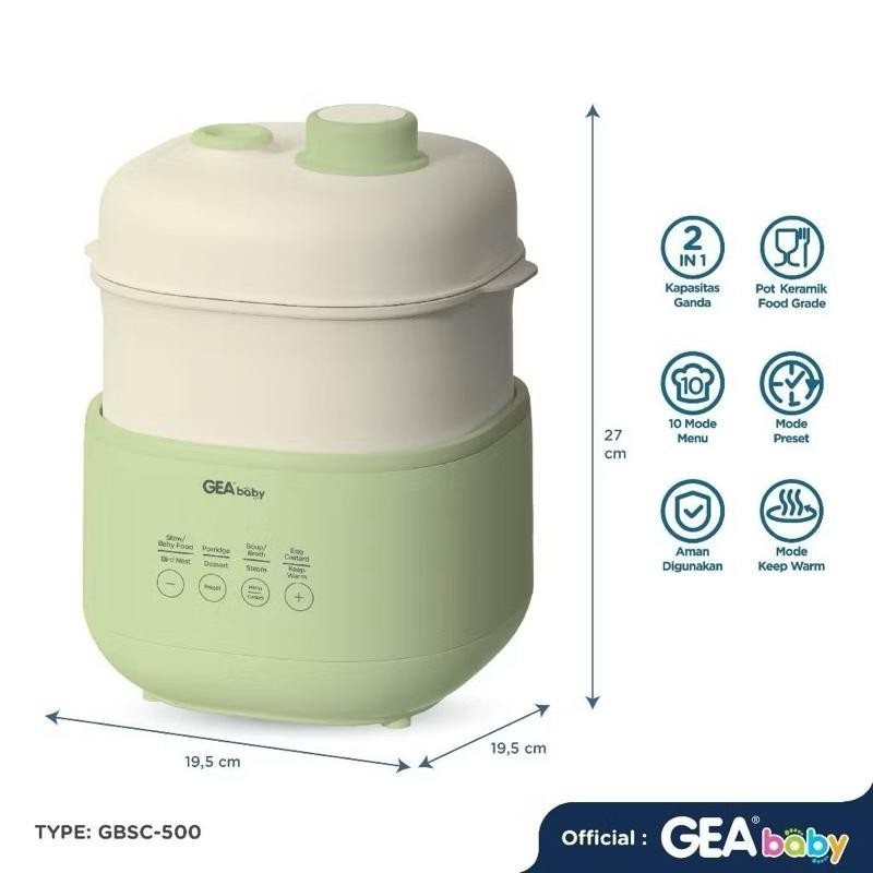 GEA Baby Compact Slow Cooker GBSC-500 Slowcooker Kukusan Steam Alat Masak MPASI Bayi Makanan Pendamping Asi Sup Kaldu Sop Broth Kado Hadiah Bayi Gift Baby Melahirkan Pengolah Makanan Anak Dewasa Orangtua