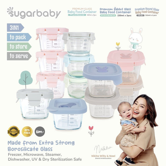 SugarBaby Premium Glass Jar Baby Food Container 3 pcs BPA FREE / Peralatan Makan Bayi MPASI / Wadah Mangkok Bayi Silicone Lid & Plastic Lid
