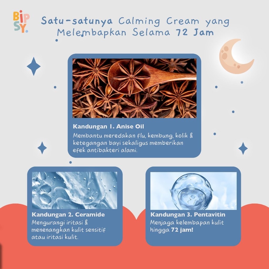 BIPSY Calming Cream 50gr – Anise Oil, 5x Ceramide, Pentavitin - Kolik Reda, Tidur Nyenyak