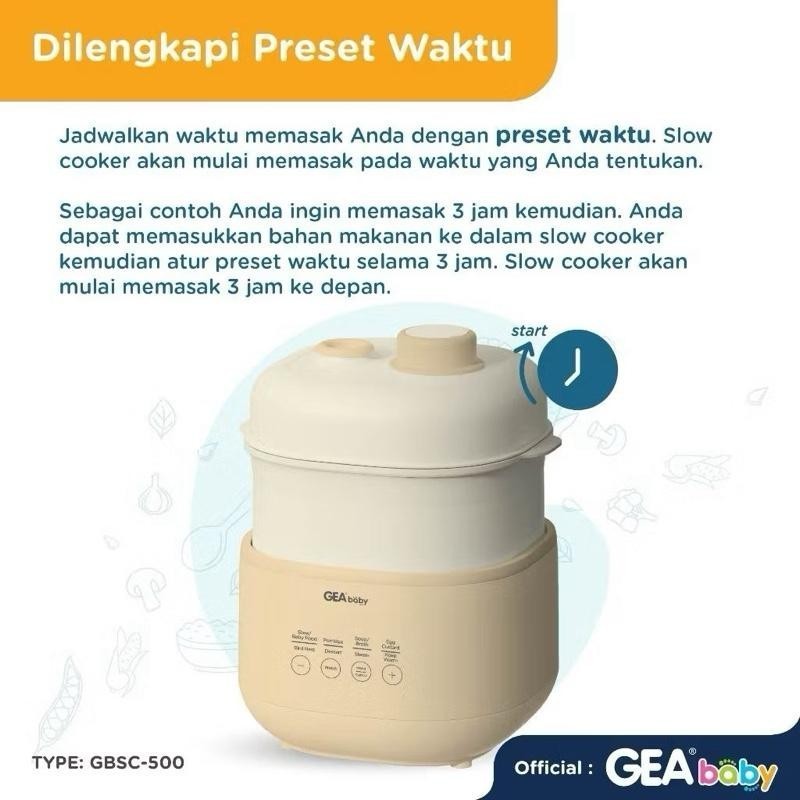 GEA Baby Compact Slow Cooker GBSC-500 Slowcooker Kukusan Steam Alat Masak MPASI Bayi Makanan Pendamping Asi Sup Kaldu Sop Broth Kado Hadiah Bayi Gift Baby Melahirkan Pengolah Makanan Anak Dewasa Orangtua