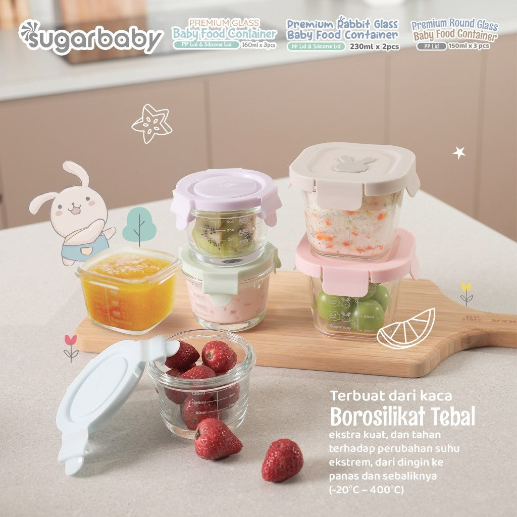 SugarBaby Premium Glass Jar Baby Food Container 3 pcs BPA FREE / Peralatan Makan Bayi MPASI / Wadah Mangkok Bayi Silicone Lid & Plastic Lid