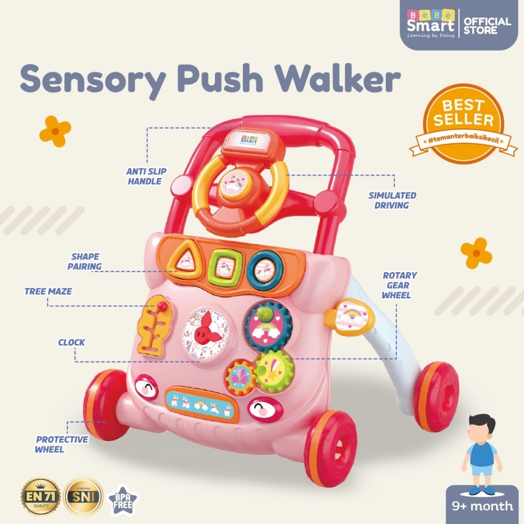 Mainan Dorongan Bayi Belajar Jalan | BEBE SMART Sensory Push Walker | Smart Baby Walker Push Walker