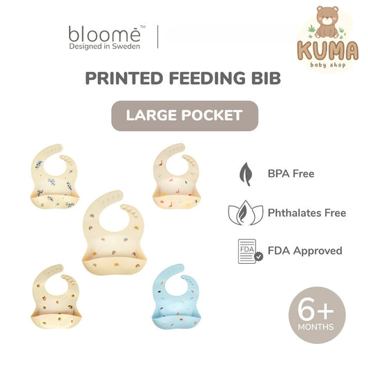 BLOOME – Printed Silicone Feeding Bib For Baby Toddler And Kids | Slaber Celemek Silikon Makan Mpasi Bayi Waterproof Premium