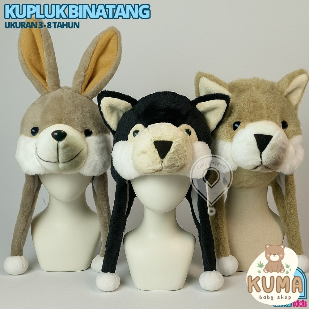 Kupluk Boneka Binatang Anak Lucu Usia 3–8 Tahun | Topi Karakter Kupbin Hewan Bulu Lembut Hangat
