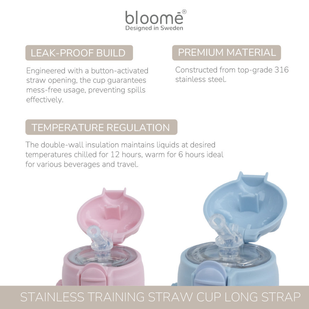 BLOOME - Stainless Training Straw Cup With Strap - Botol Minum Anak 300ml with Premium Stainless 316
