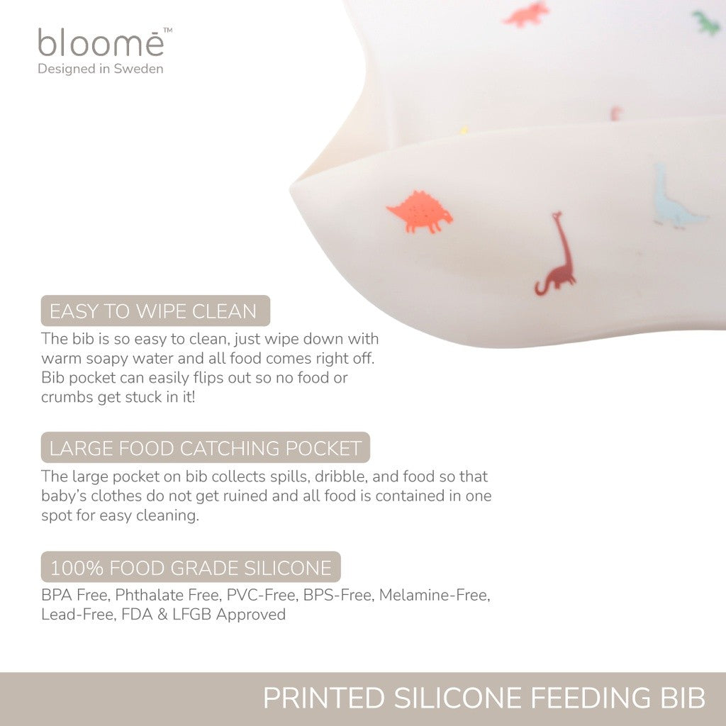 BLOOME – Printed Silicone Feeding Bib For Baby Toddler And Kids | Slaber Celemek Silikon Makan Mpasi Bayi Waterproof Premium